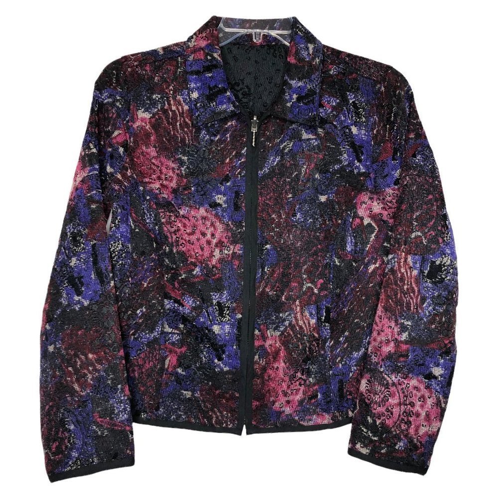 REVERSIBLE Purple Floral Corduroy Black Brocade Zip Front Blazer - Size Large